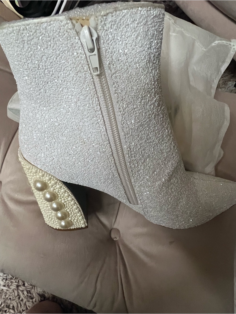 Betsey Johnson White Glitter Pearl Block Heel Ankle Boots